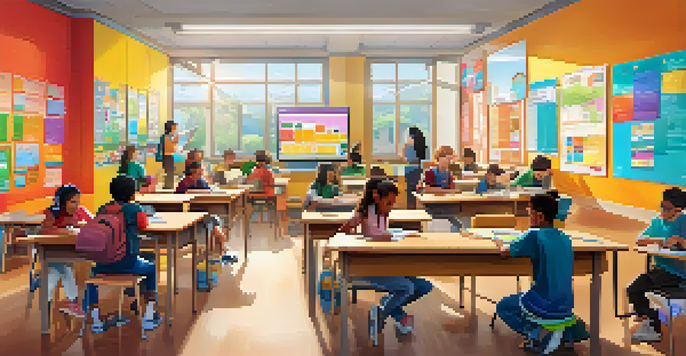 A lively classroom with students using technology for gamified learning, showcasing collaboration and excitement.