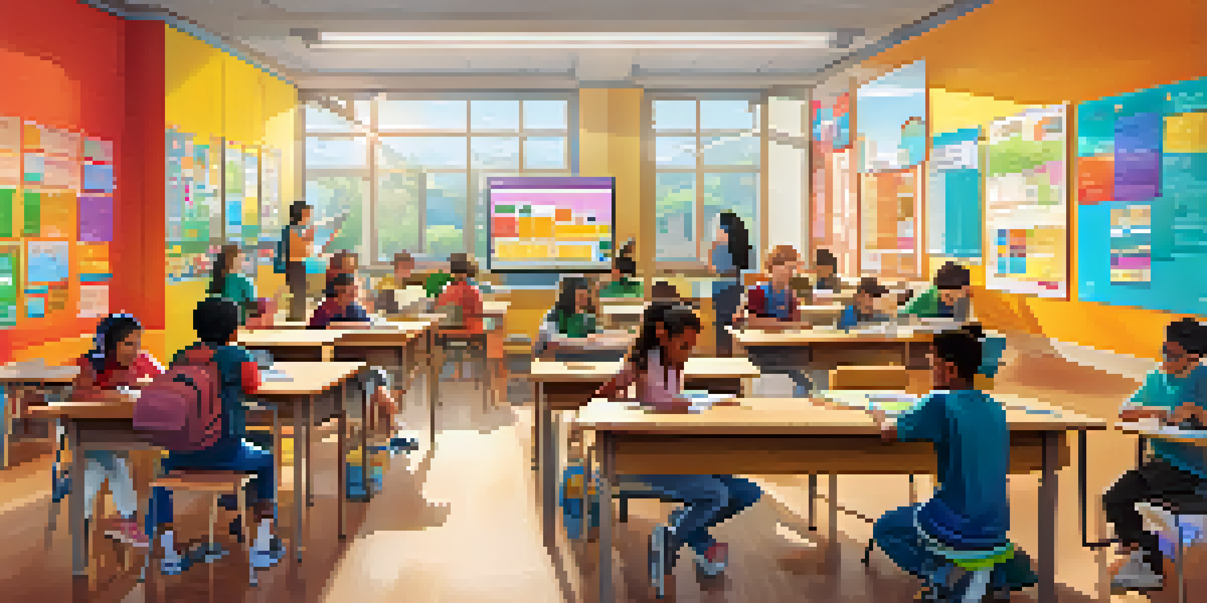 A lively classroom with students using technology for gamified learning, showcasing collaboration and excitement.