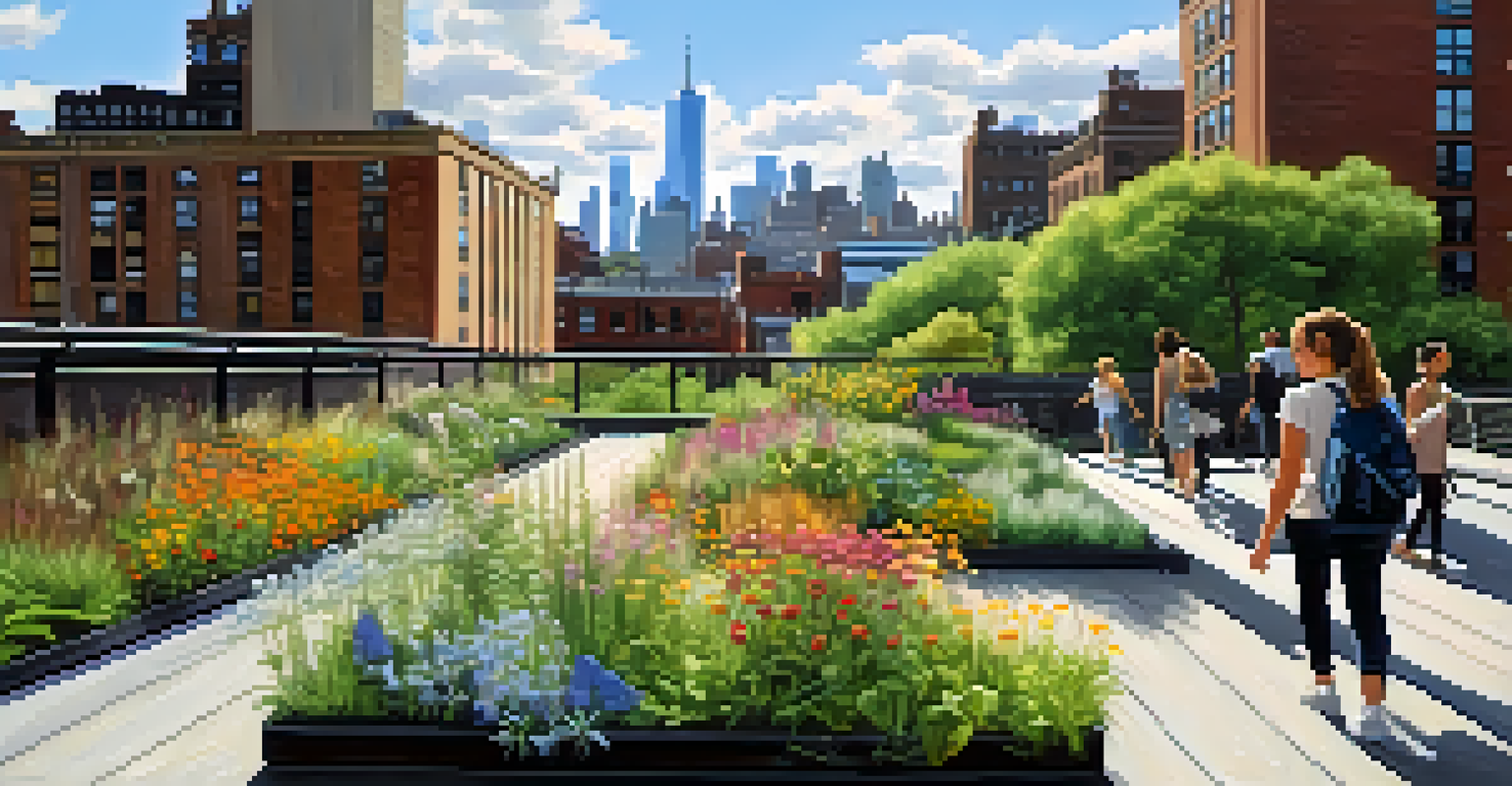 The High Line park in NYC featuring contemporary sculptures, wildflowers, and people walking along the elevated pathway with the city skyline in the background.