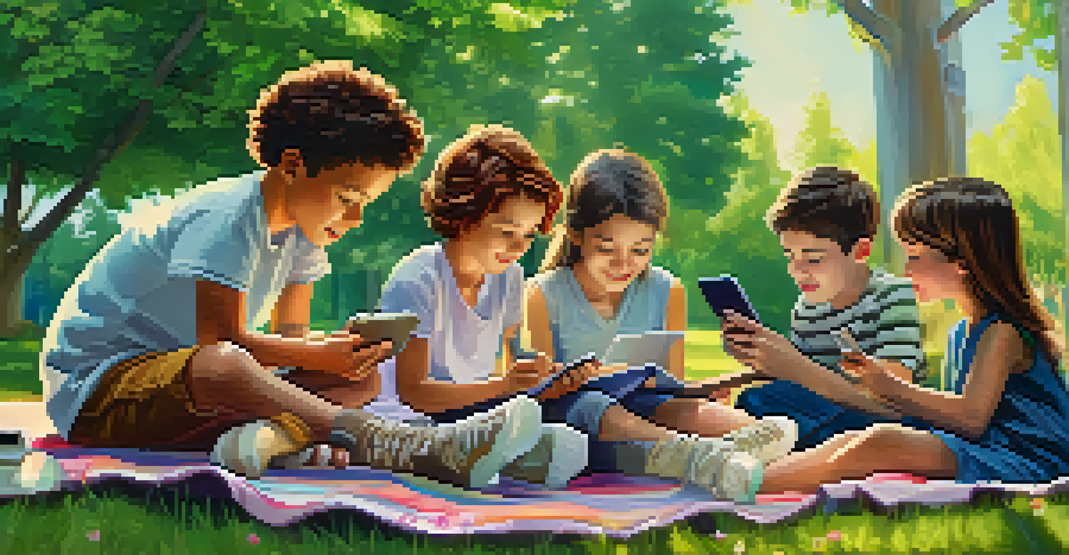 Children in a park engaged in learning with mobile devices, enjoying the outdoors while collaborating on projects and playing educational games.