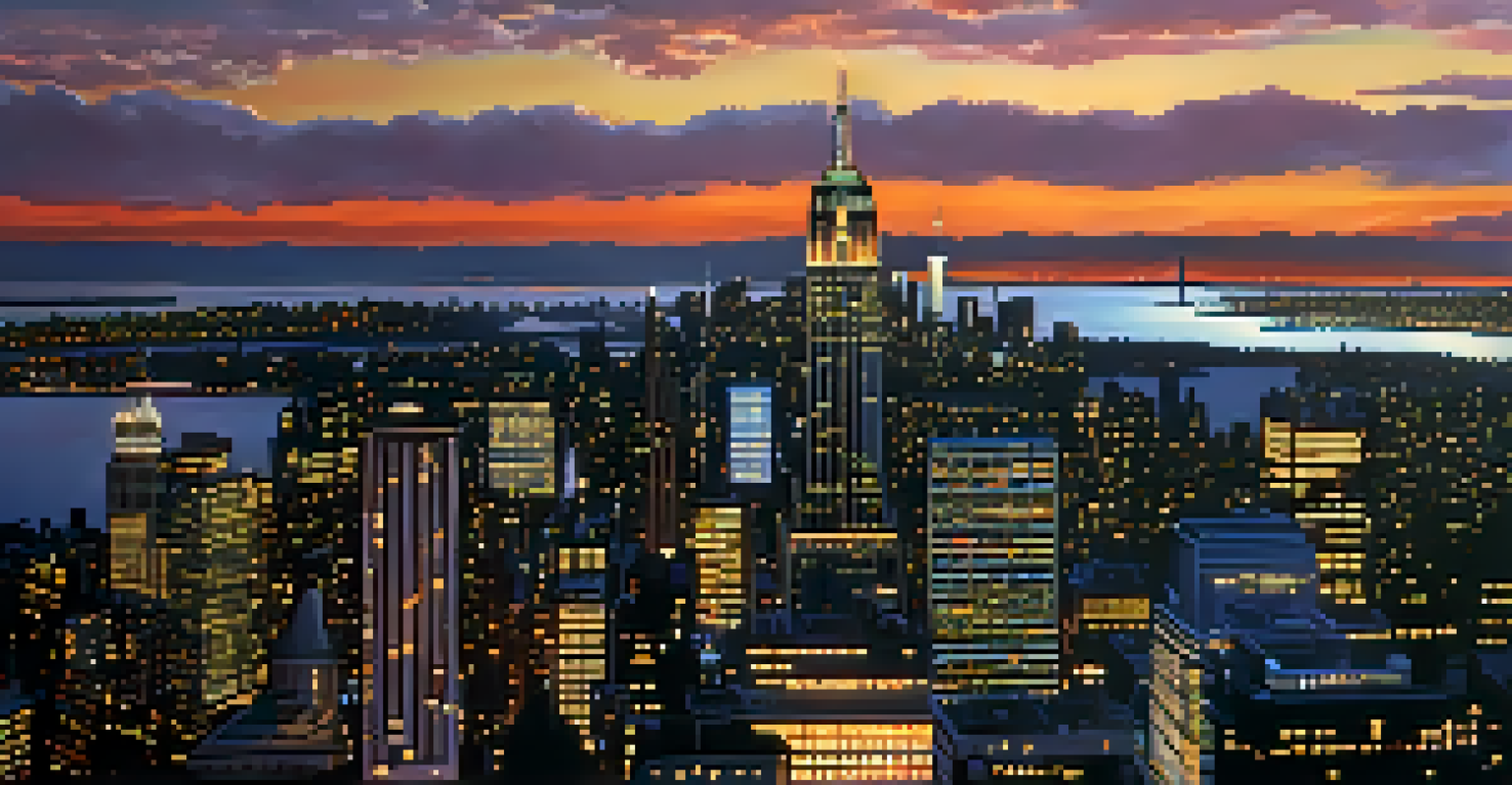 Aerial view of New York City skyline at dusk with glowing buildings and sunset reflections on the river.