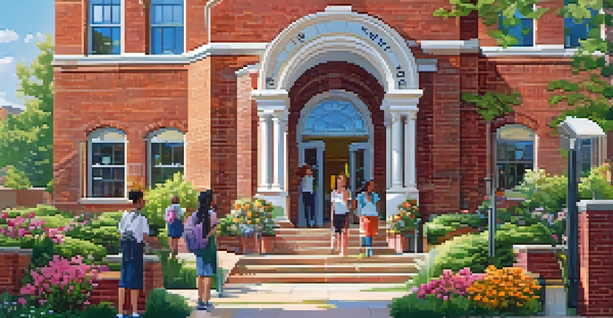 A bright and welcoming suburban school entrance surrounded by a colorful garden and diverse students chatting.
