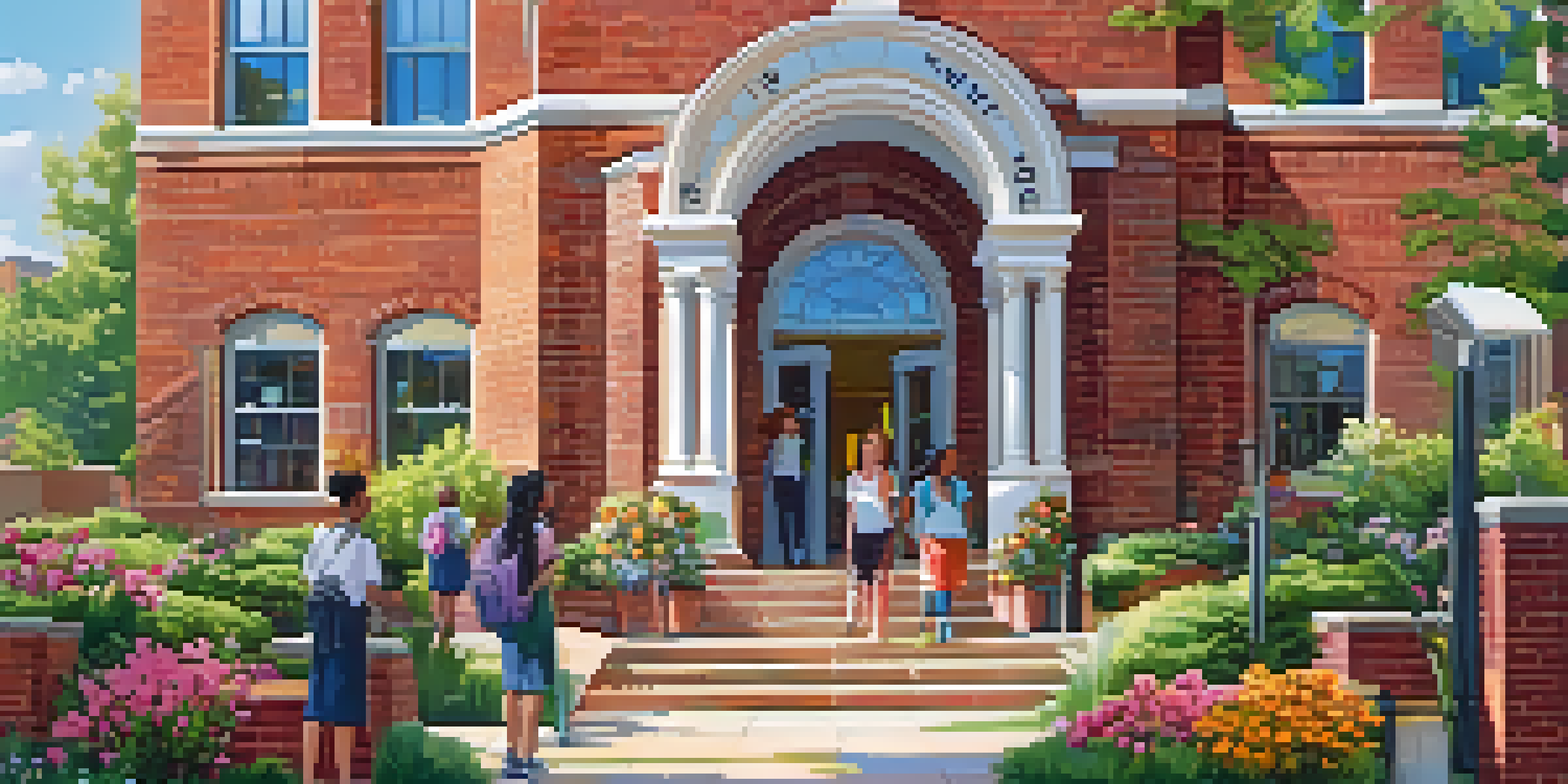 A bright and welcoming suburban school entrance surrounded by a colorful garden and diverse students chatting.