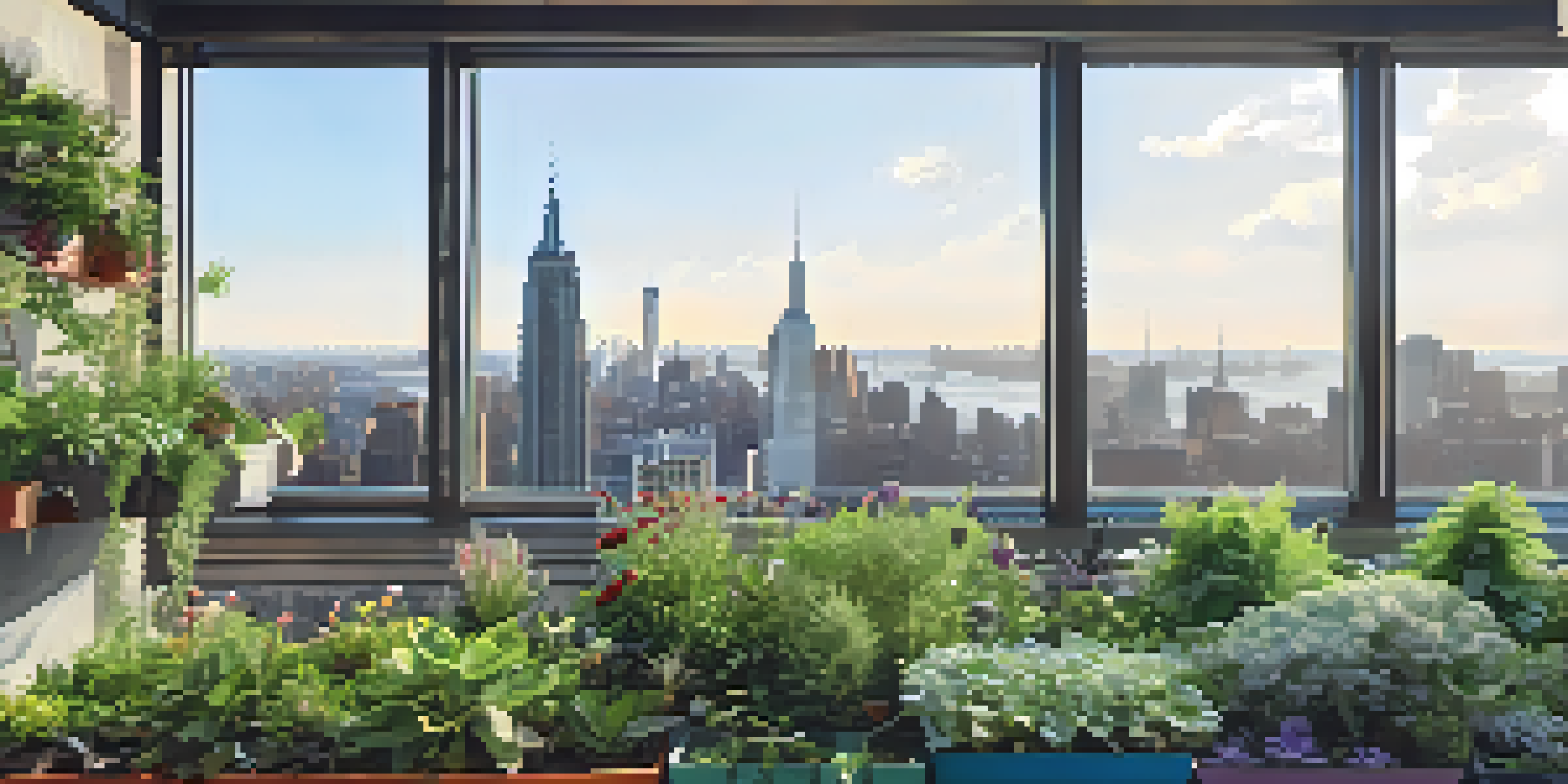 Close-up of a green rooftop garden with plants and flowers, against the NYC skyline.