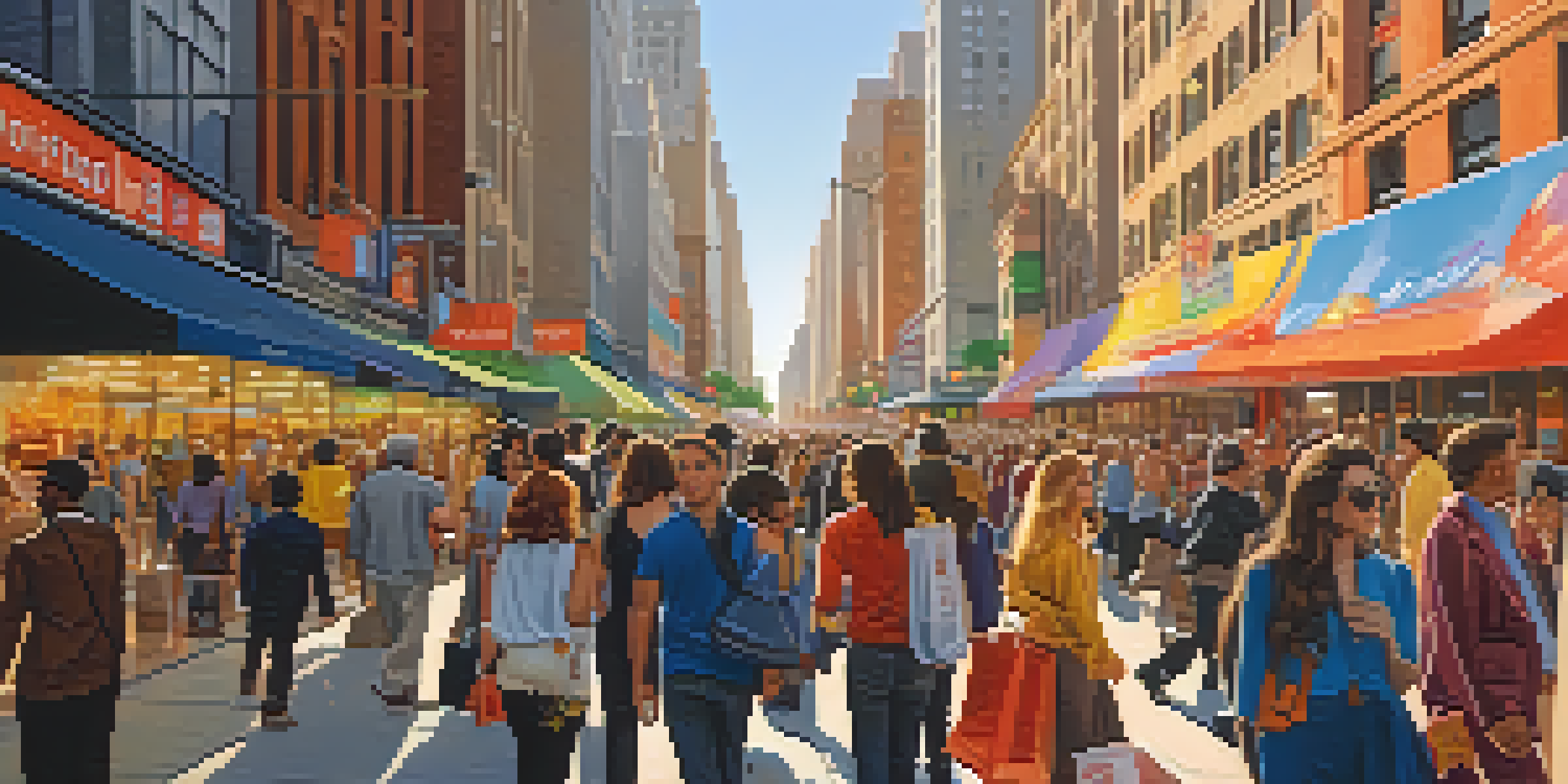 A busy New York City street with people shopping and modern buildings in the background, bathed in golden sunlight.