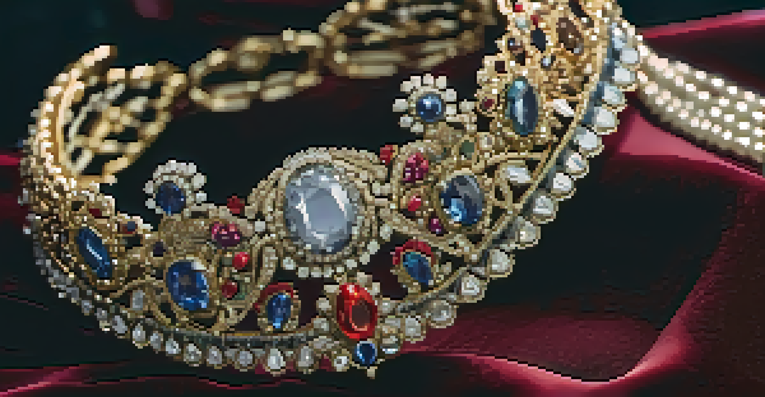 A close-up of an ornate headpiece or necklace on a luxurious velvet background, highlighting the intricate details and craftsmanship.
