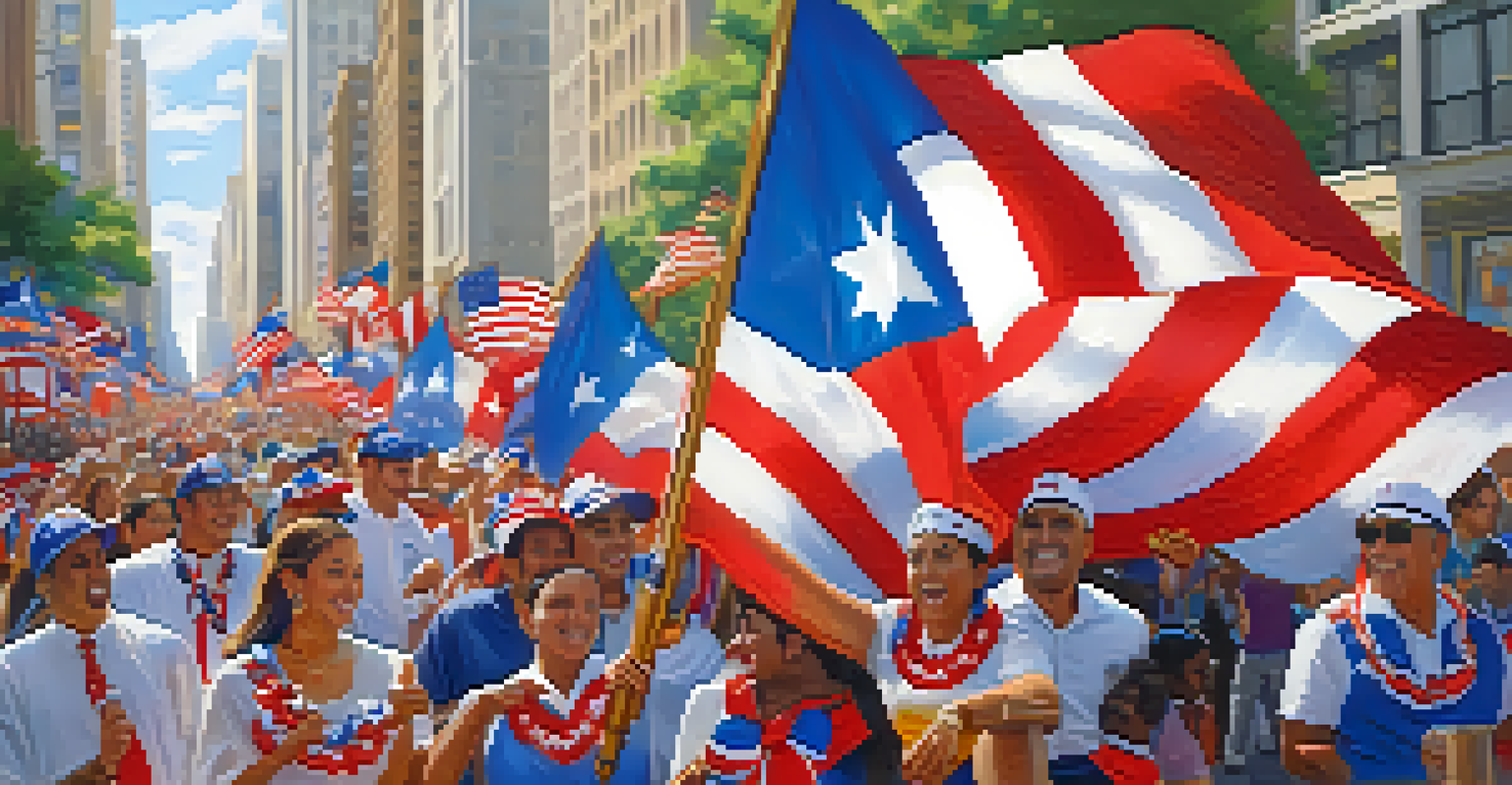 A festive Puerto Rican Day Parade featuring colorful floats, traditional attire, and a joyful crowd celebrating Puerto Rican culture.