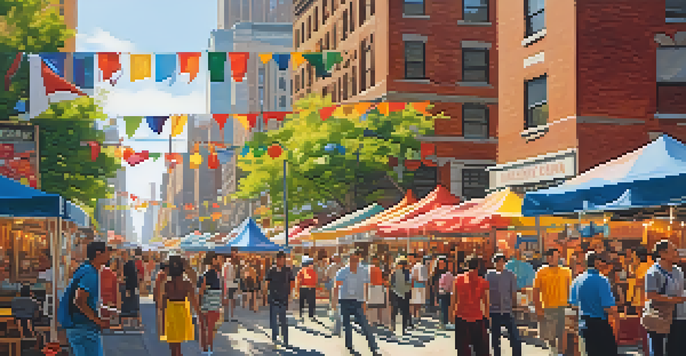 A lively street fair in NYC with diverse people enjoying art, food stalls, and performances under colorful decorations.