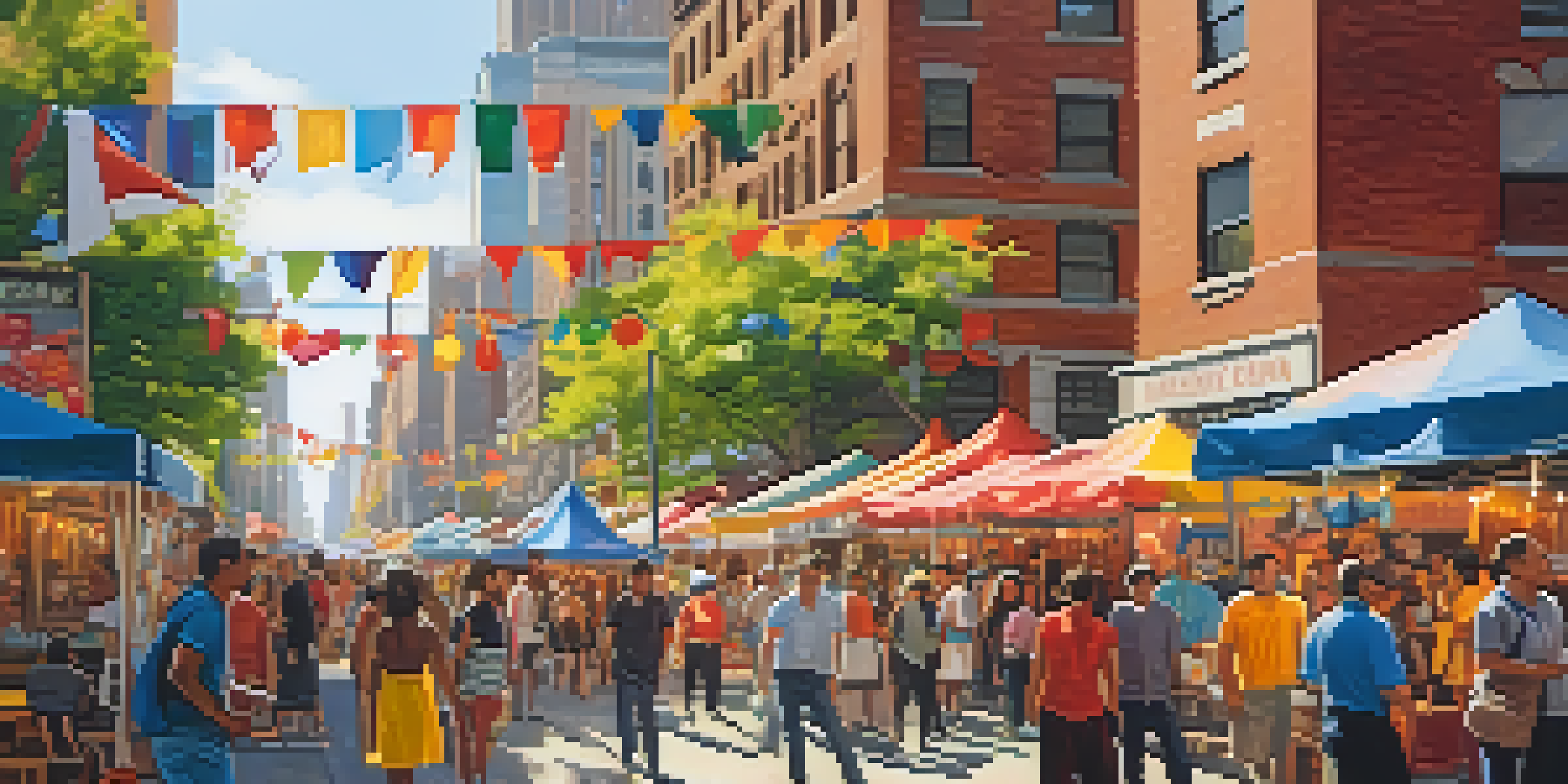 A lively street fair in NYC with diverse people enjoying art, food stalls, and performances under colorful decorations.