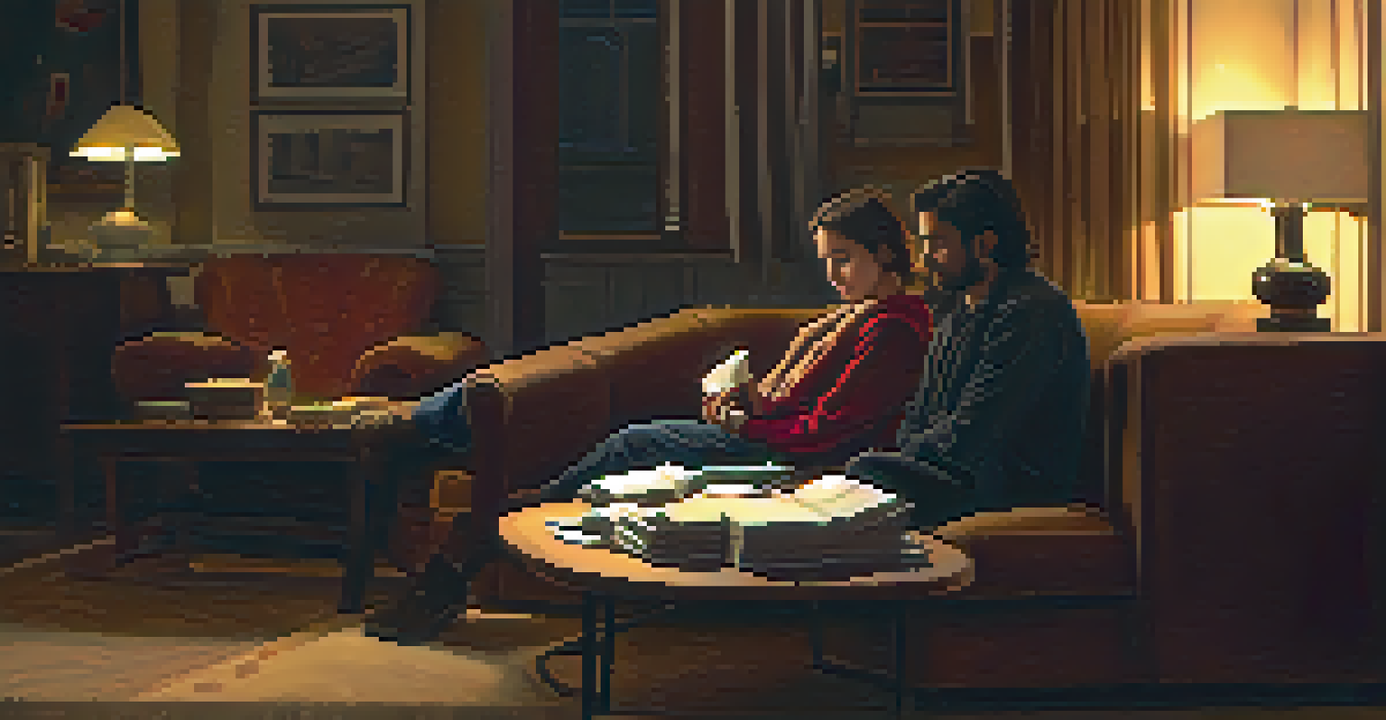 A quiet, emotional scene with two characters in a cozy room, one reading a book and the other looking reflective, illuminated by soft, warm light.
