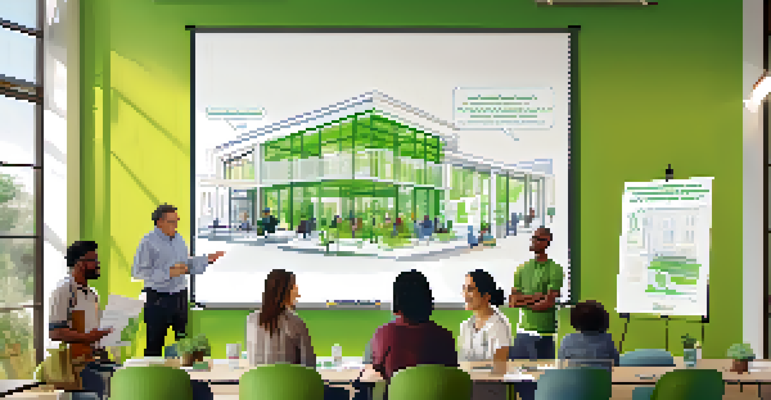 A community meeting with diverse members discussing green building practices in a bright space, with a poster and a facilitator at a whiteboard.