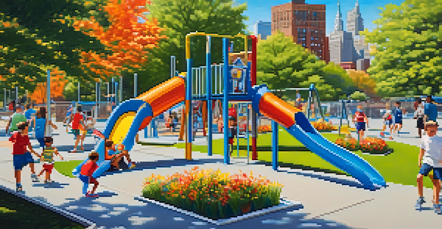 Families and children actively participating in recreational activities at Brooklyn Bridge Park, including climbing, basketball, and soccer amidst colorful flowers and trees.
