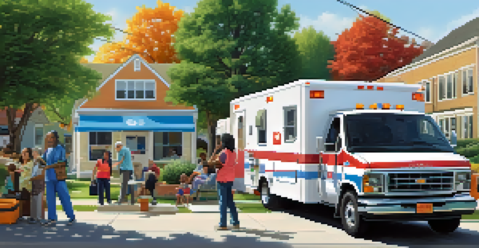 A mobile health clinic in a neighborhood, with healthcare professionals assisting residents outside the colorful van, set against a backdrop of houses and trees.