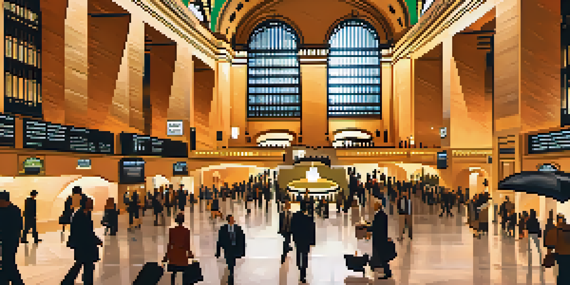 A busy Grand Central Terminal filled with diverse commuters. The architecture features high ceilings and vintage light fixtures, creating a warm and vibrant atmosphere.