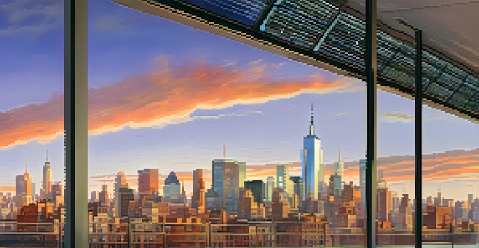 A sunset view of New York City skyline with energy-efficient buildings and solar panels.