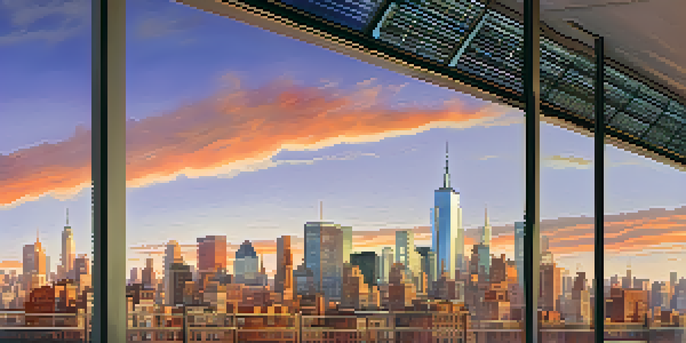 A sunset view of New York City skyline with energy-efficient buildings and solar panels.