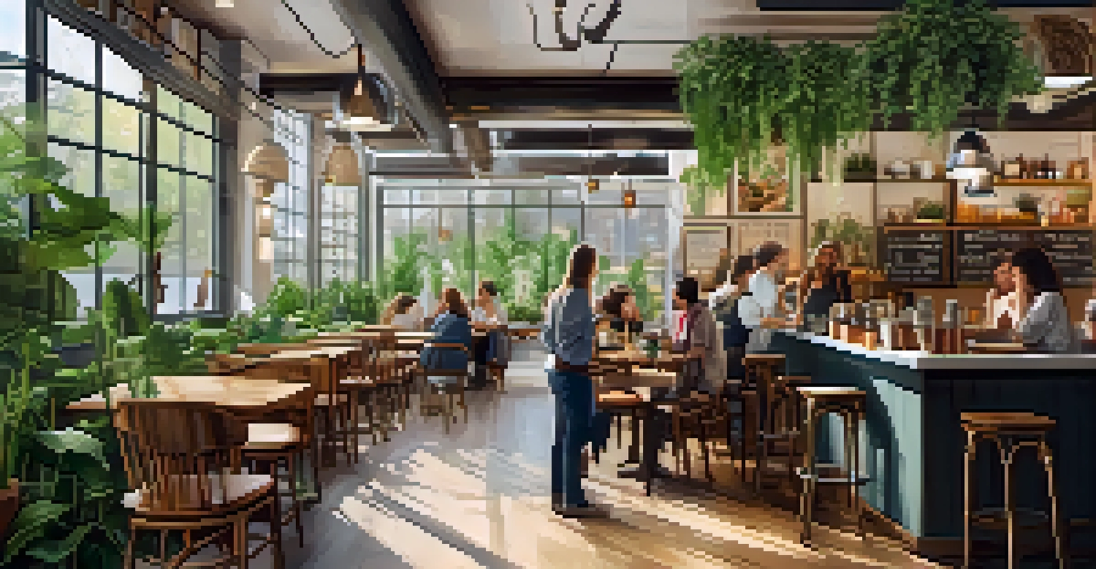 A cozy eco-friendly café in New York City with indoor plants and patrons enjoying organic meals.