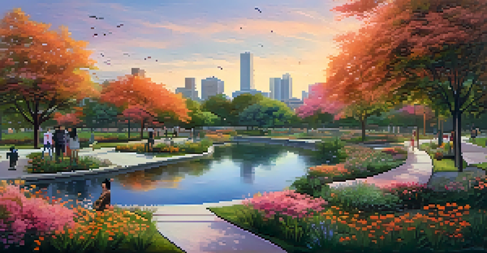 A peaceful urban park at sunset with diverse native plants, a stream, and people enjoying the space.