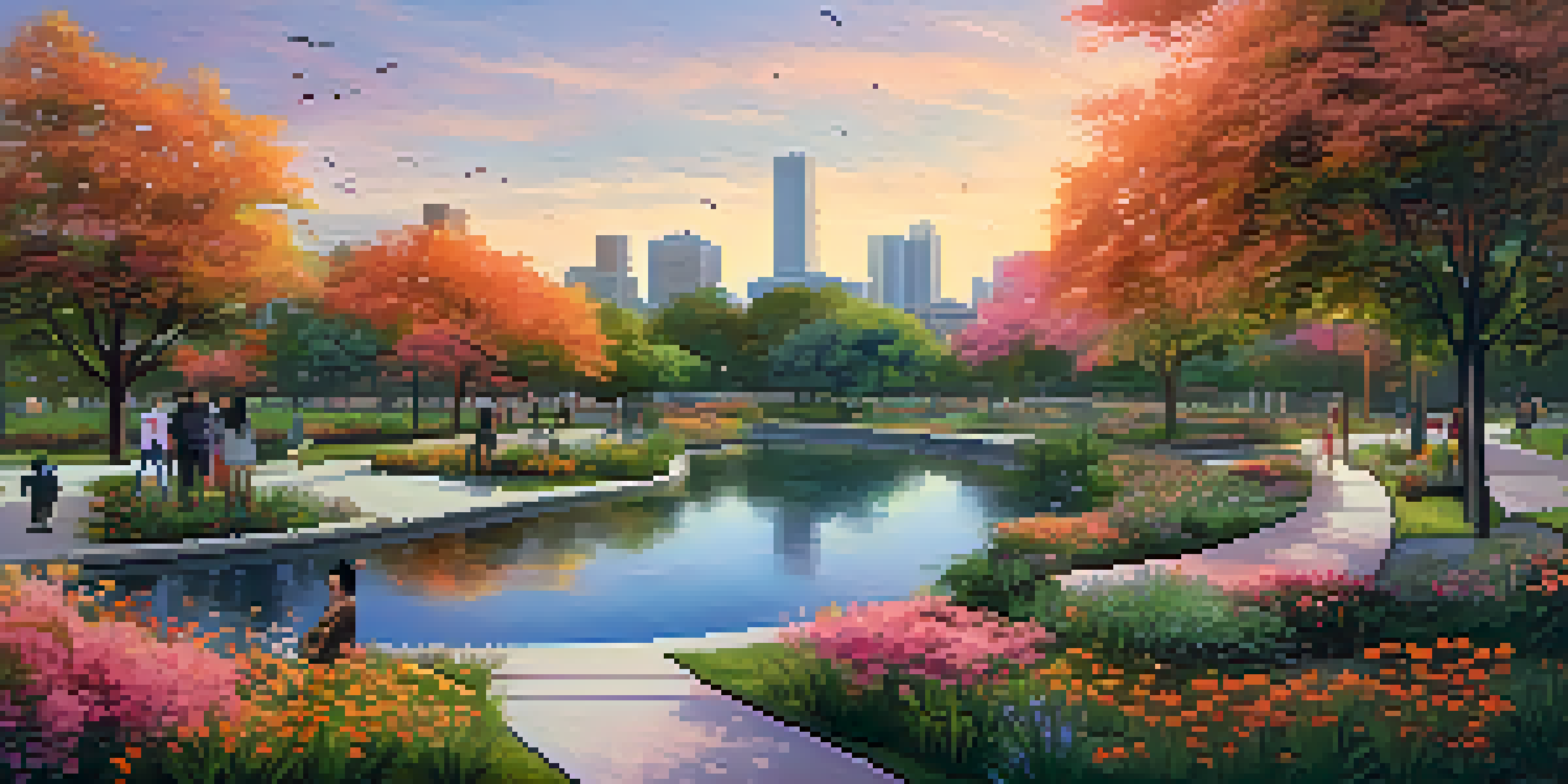 A peaceful urban park at sunset with diverse native plants, a stream, and people enjoying the space.