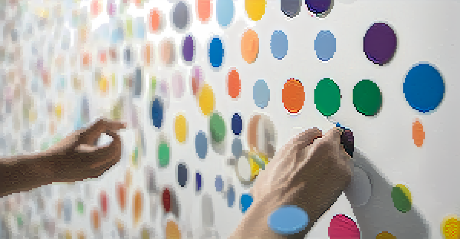 Close-up of hands placing colorful dot stickers on a white wall in a collaborative art installation.