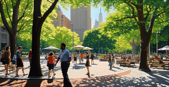 A lively urban park in New York City filled with trees and greenery, with people enjoying the shade and sunlight filtering through the leaves.