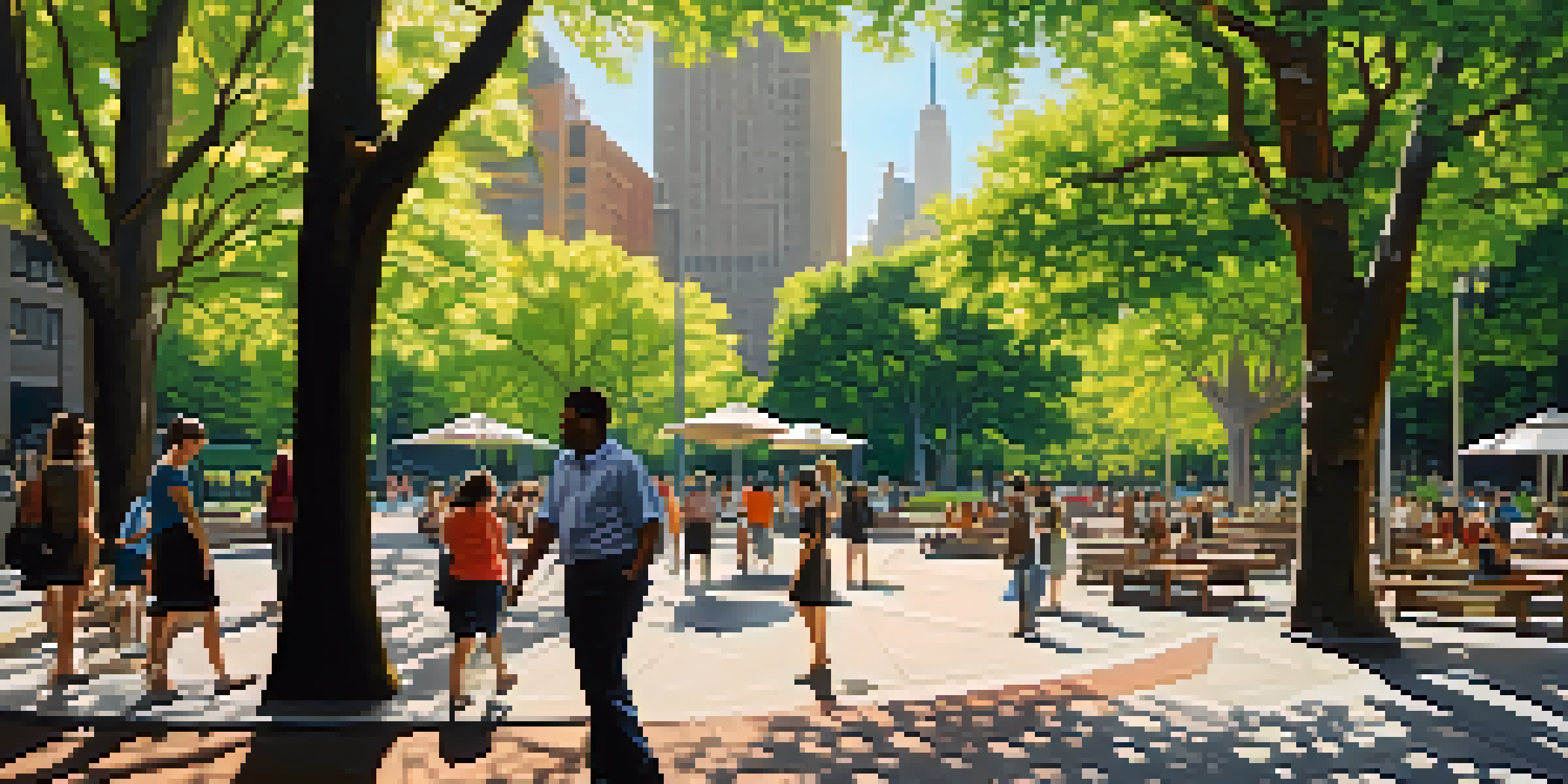 A lively urban park in New York City filled with trees and greenery, with people enjoying the shade and sunlight filtering through the leaves.