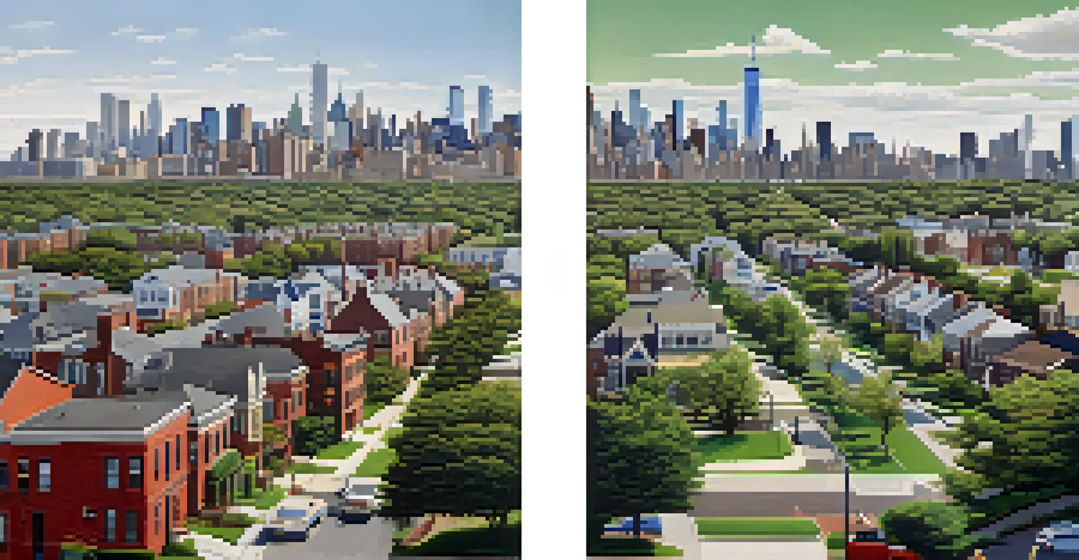 A split image contrasting New York City's skyline with a bustling street and a quiet suburban landscape.