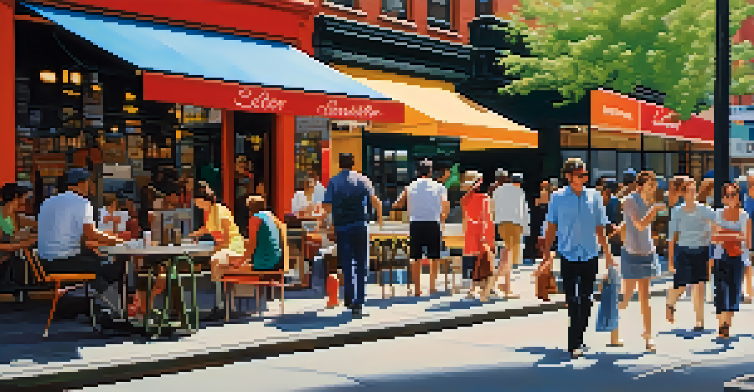 A vibrant street scene in New York City with tourists visiting local shops and cafes, showcasing outdoor seating and diverse crowds.
