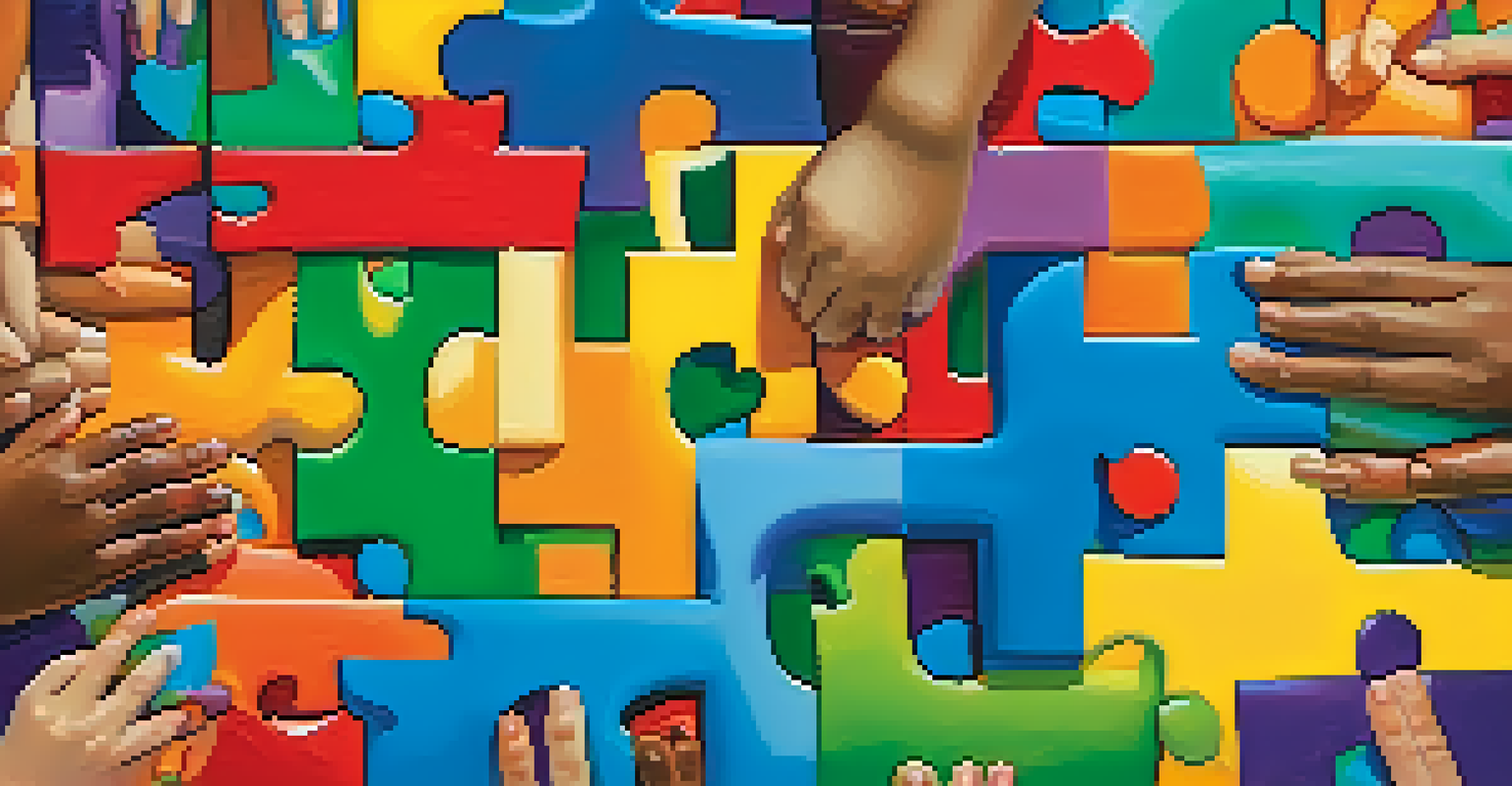 Hands of various ages and ethnicities holding a colorful puzzle piece, symbolizing community unity and collaboration.