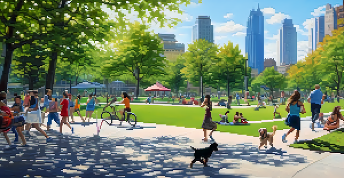 A lively urban park with people engaging in various activities, surrounded by greenery and modern architecture.