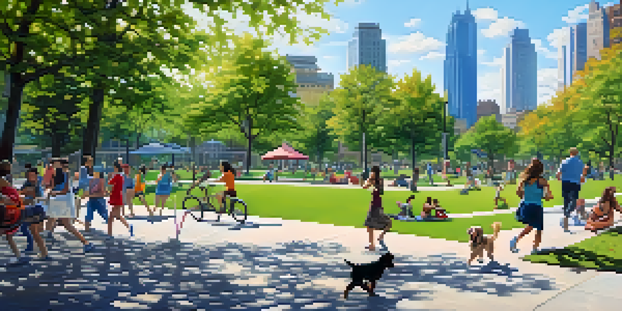 A lively urban park with people engaging in various activities, surrounded by greenery and modern architecture.