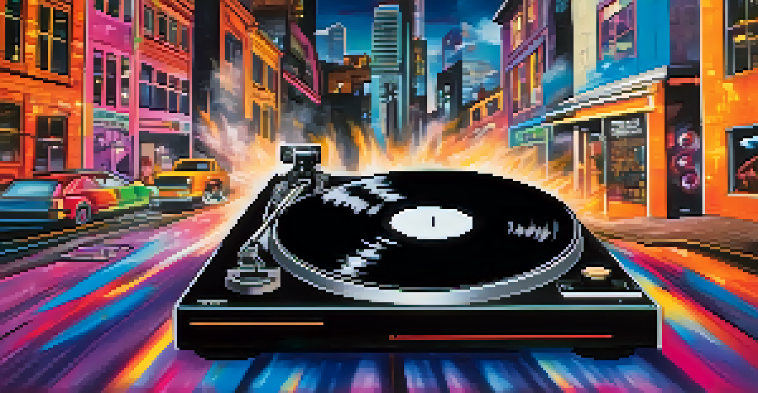 A close-up of a spinning vinyl record on a turntable with a DJ mixing in a vibrant urban setting.