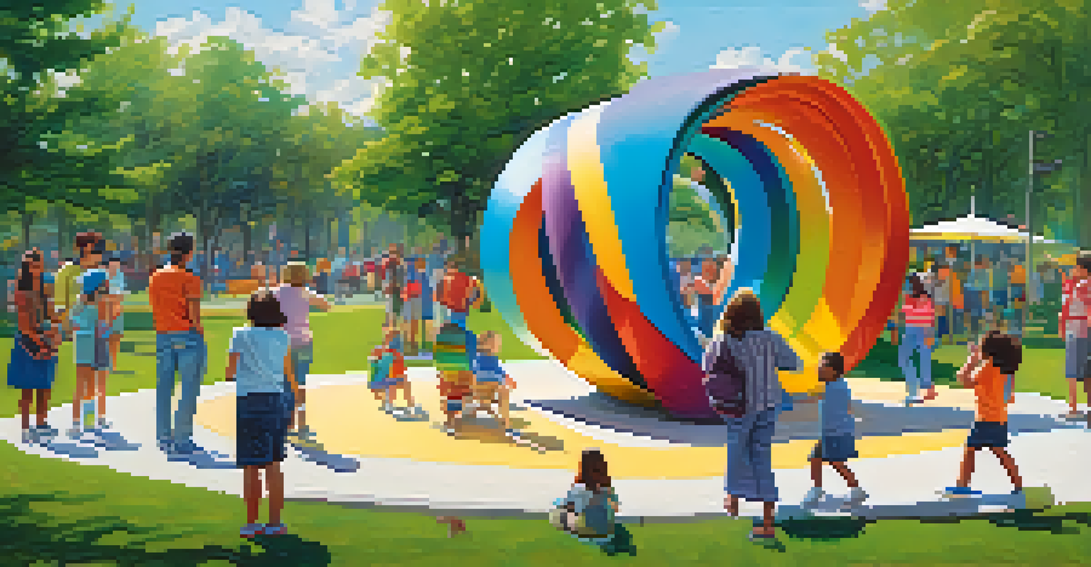 An interactive sculpture in a park with people of all ages engaging and enjoying the colorful installation under a blue sky.