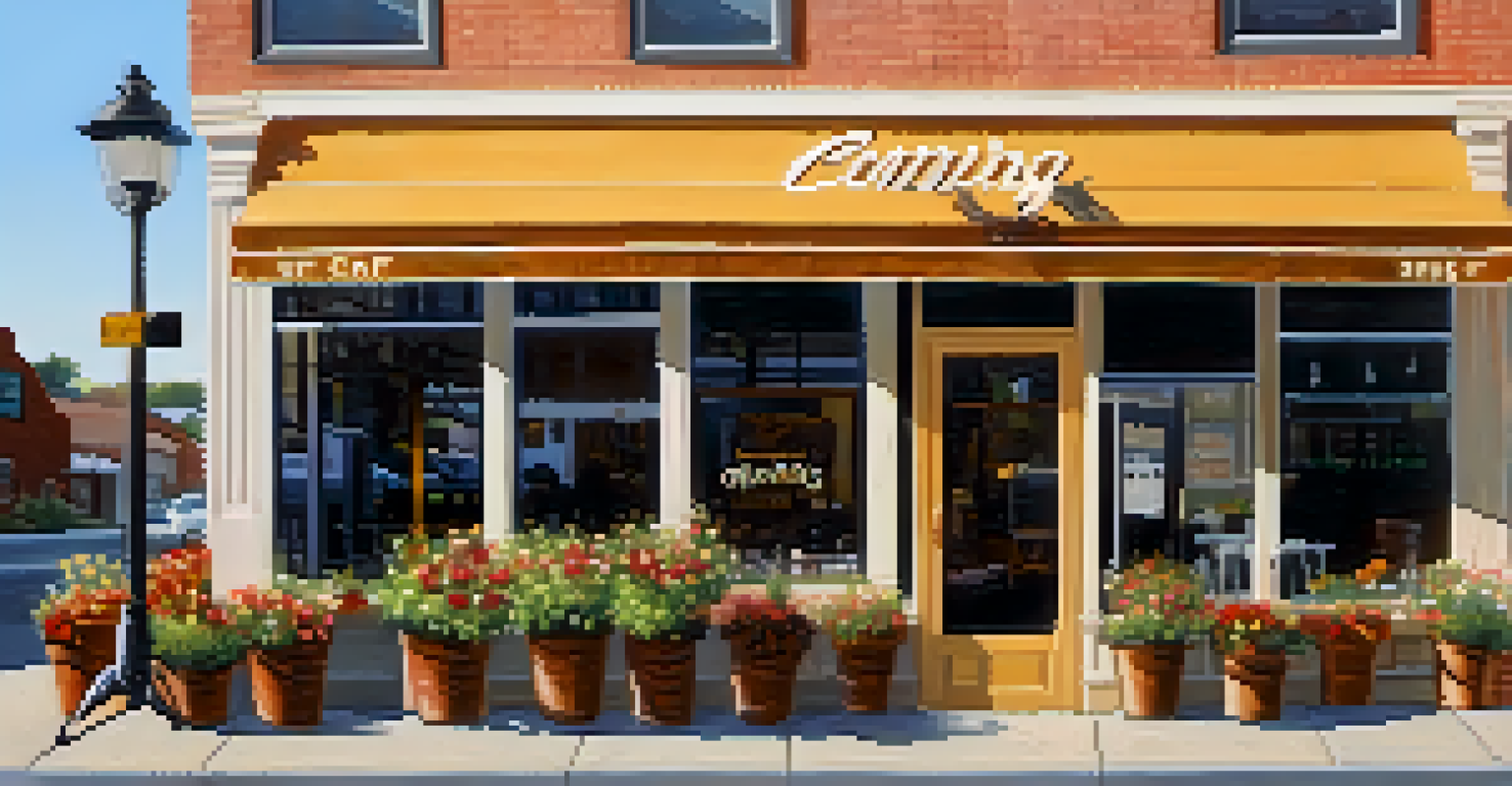 Close-up of a local cafe with outdoor seating and flowers, contrasted by a chain store's modern architecture in the background.