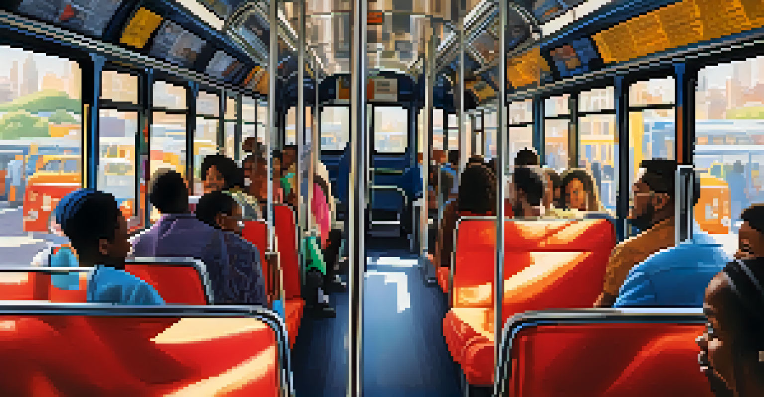 A vibrant bus interior showcasing diverse passengers from various backgrounds sharing stories in New York City.