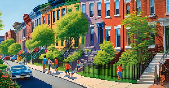 A lively neighborhood in the Bronx with families and children playing in a park, colorful houses, and a skyline view of New York City.