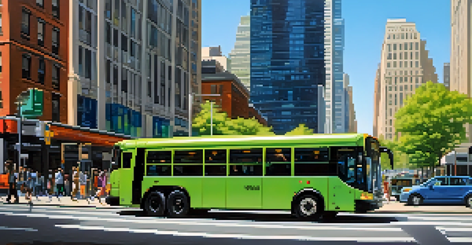 A busy street in New York City with electric buses and diverse commuters at a bus stop, surrounded by skyscrapers and trees under a blue sky.