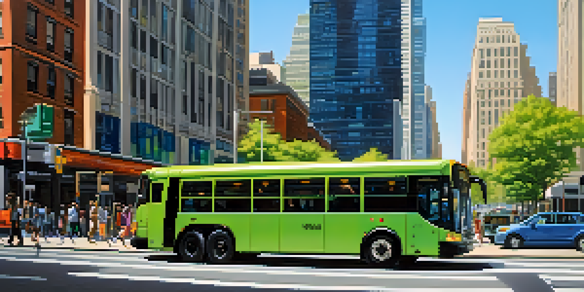 A busy street in New York City with electric buses and diverse commuters at a bus stop, surrounded by skyscrapers and trees under a blue sky.
