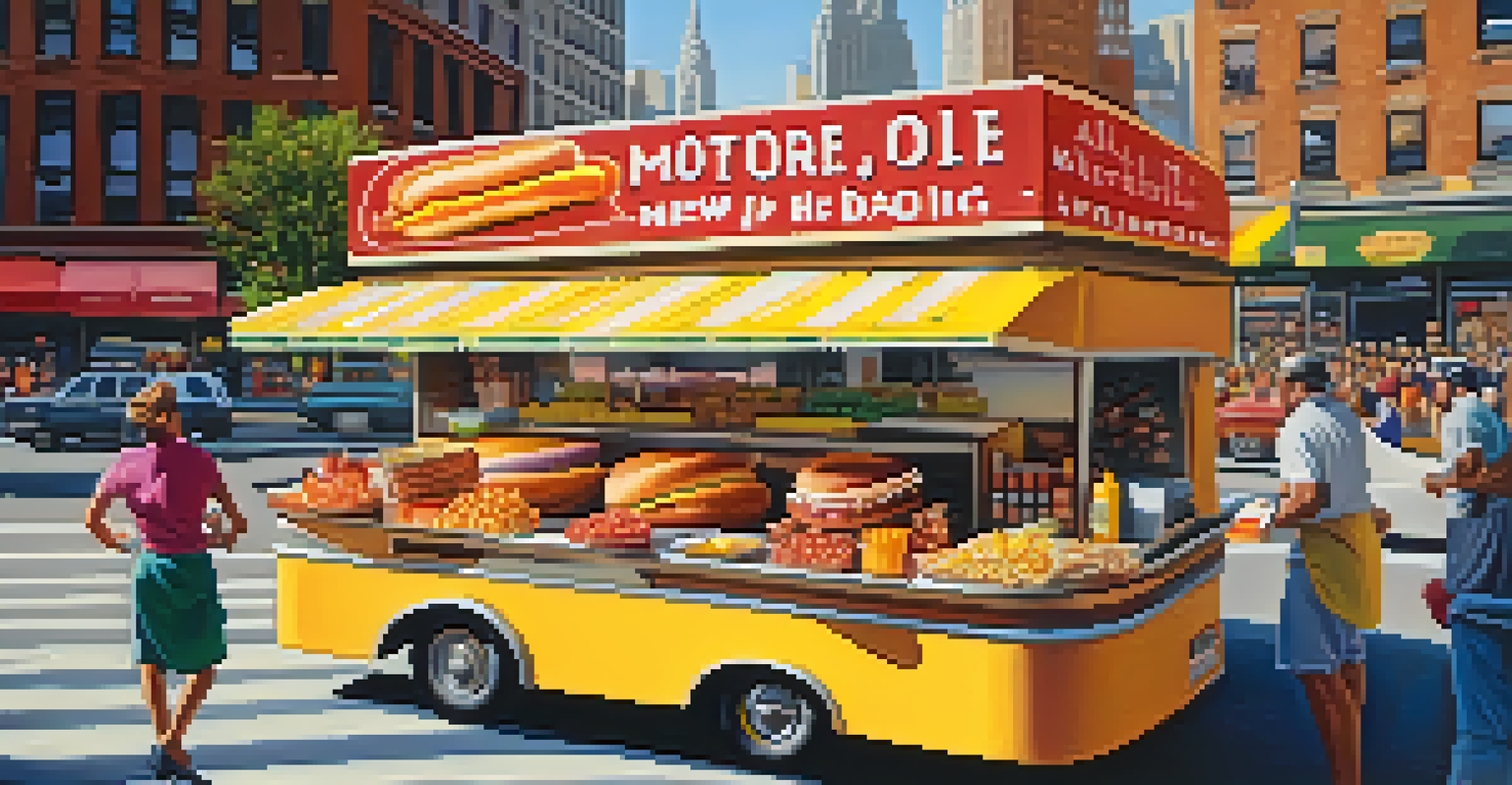 A close-up of a street vendor in New York City serving a hot dog with various toppings.