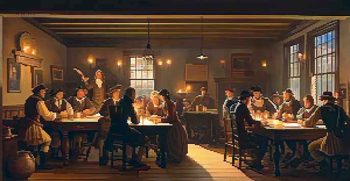 A colonial tavern filled with colonists discussing issues of British taxation, with candlelight and historical decor.