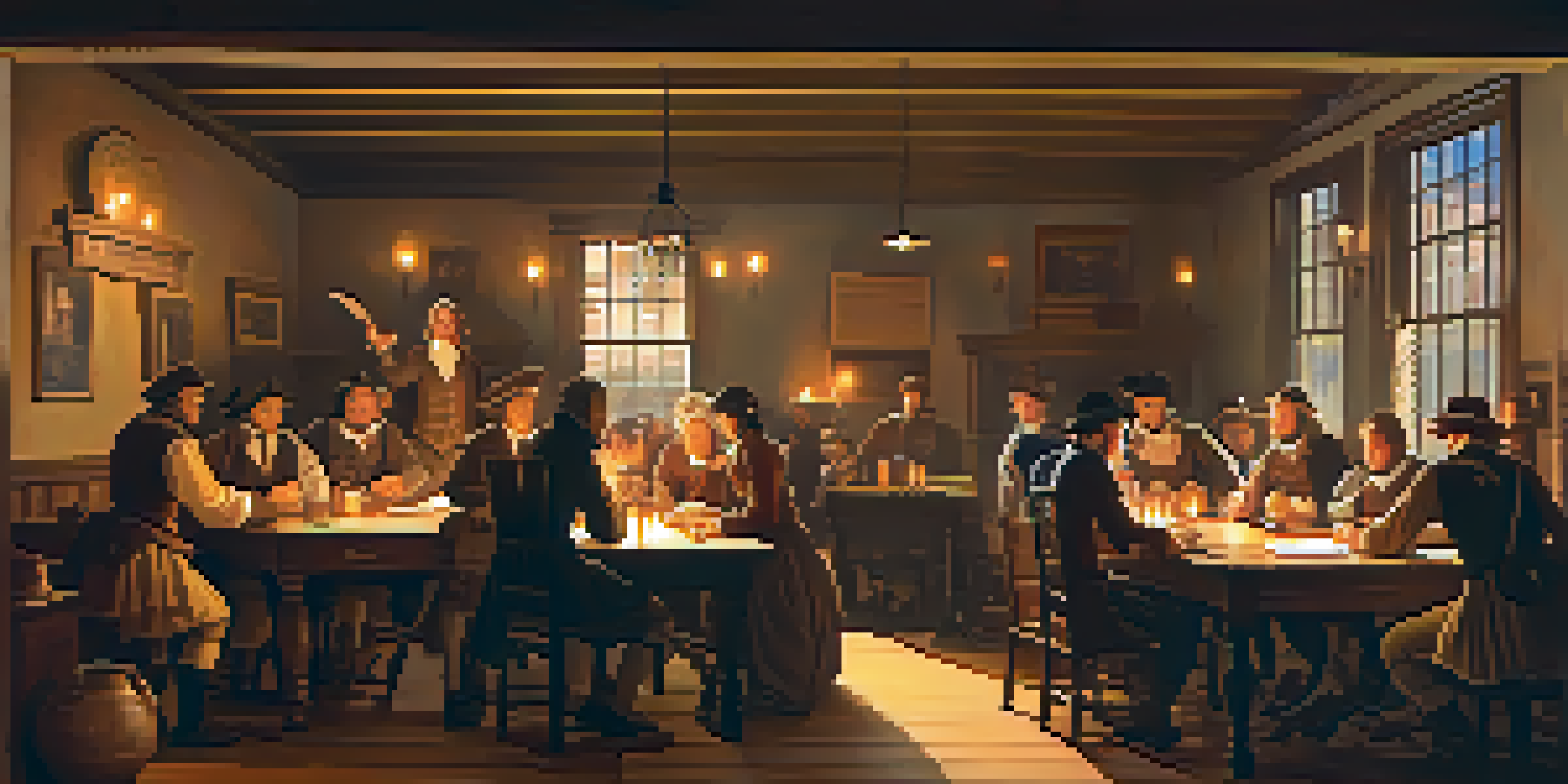 A colonial tavern filled with colonists discussing issues of British taxation, with candlelight and historical decor.