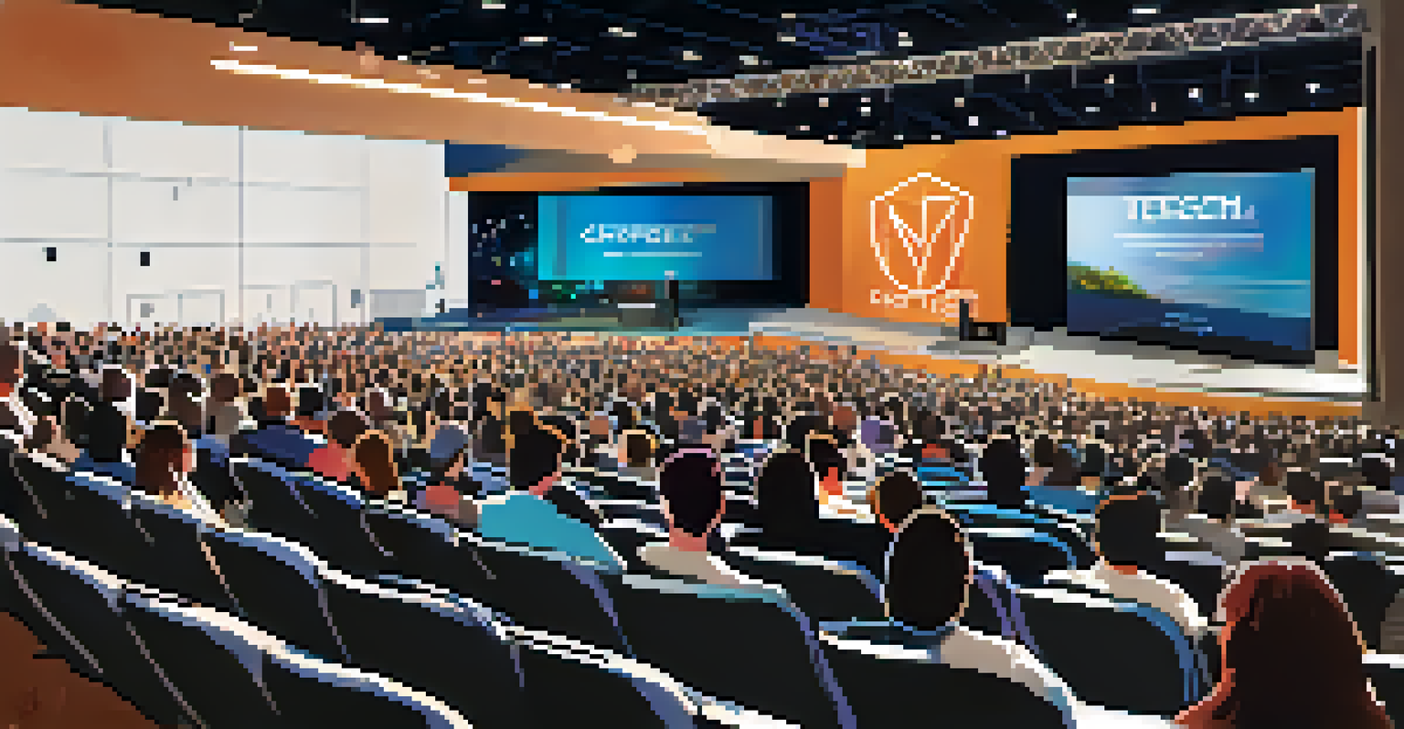 A large tech conference auditorium with a keynote speaker on stage and an engaged audience taking notes.