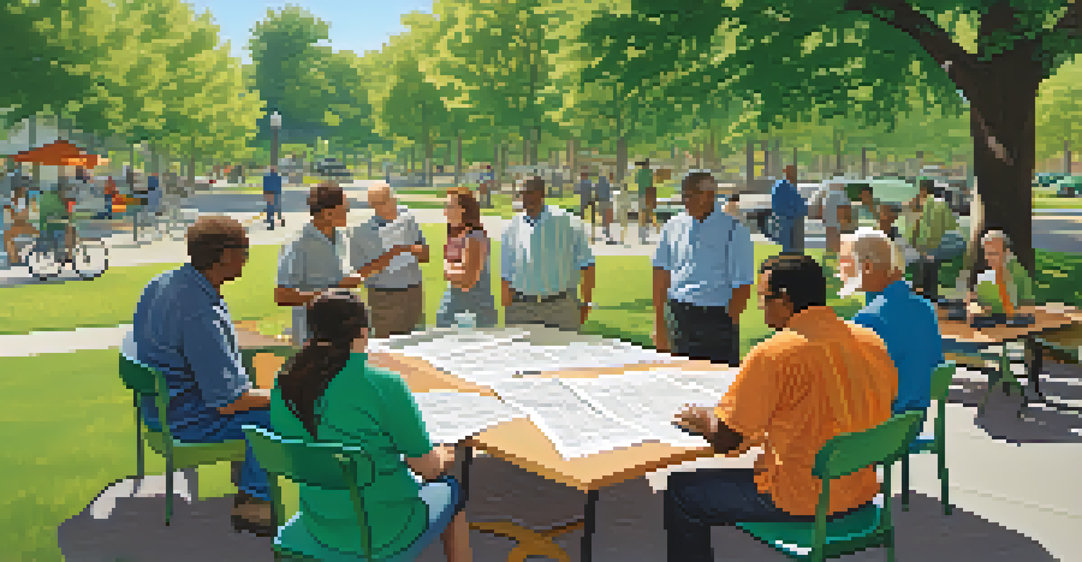 Community members gathered in a park discussing road repair issues, with maps and documents on a table surrounded by trees.