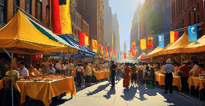 A lively cultural festival in New York City with diverse participants, colorful decorations, food stalls, and performers.
