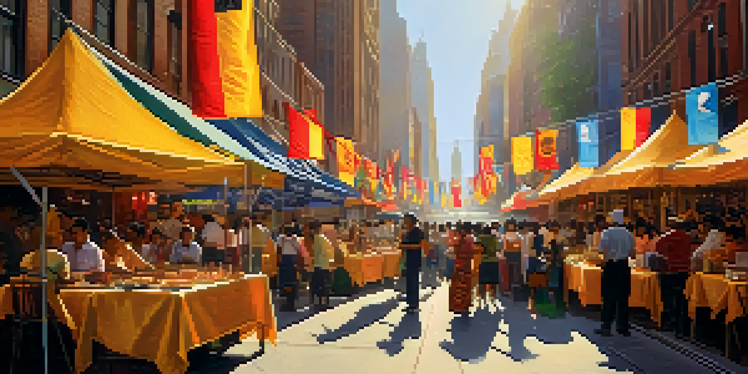 A lively cultural festival in New York City with diverse participants, colorful decorations, food stalls, and performers.
