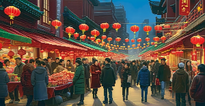 A bustling street in Chinatown decorated for the Lunar New Year, featuring colorful lanterns, vendors, and a diverse crowd celebrating.