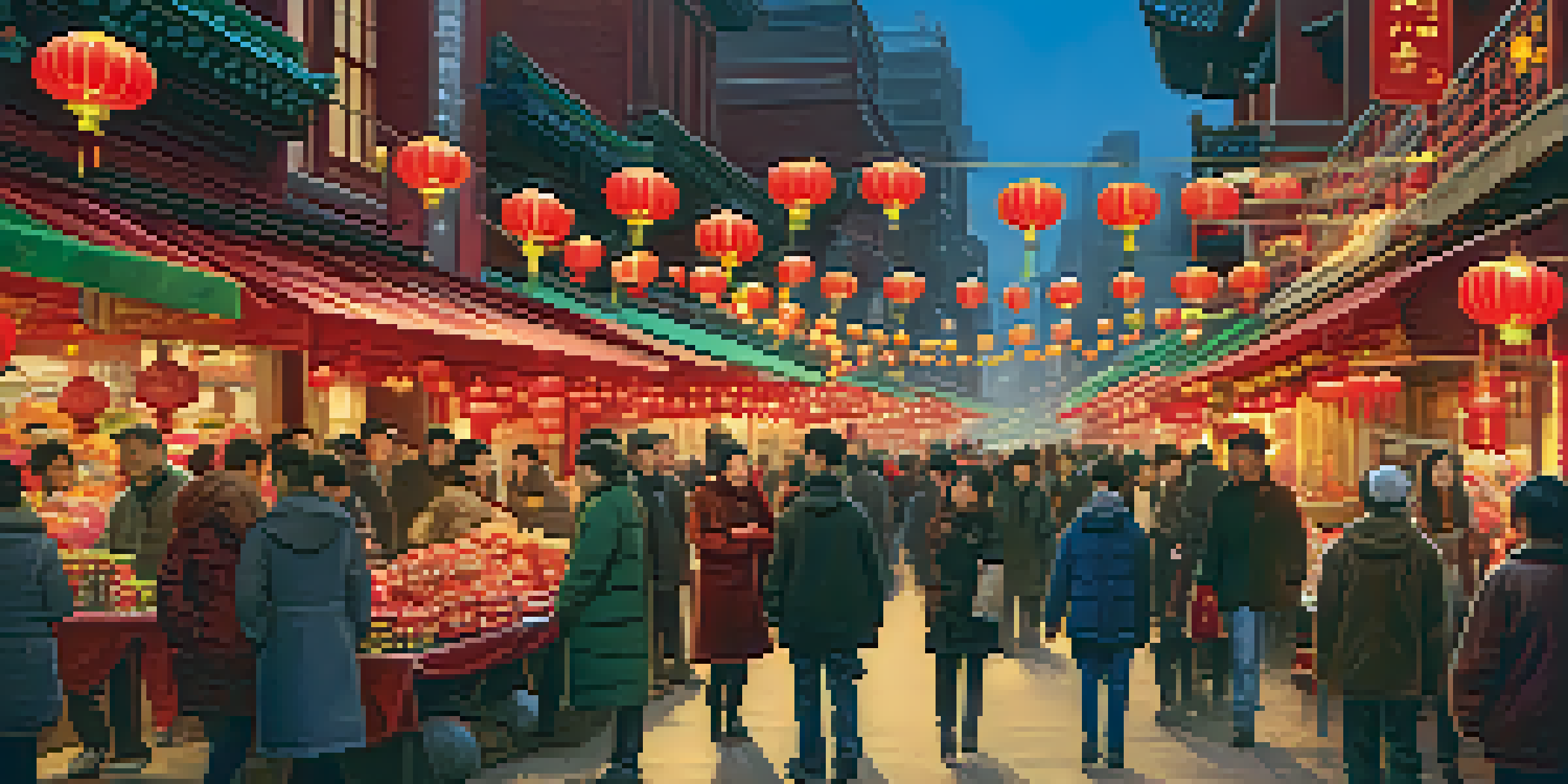A bustling street in Chinatown decorated for the Lunar New Year, featuring colorful lanterns, vendors, and a diverse crowd celebrating.