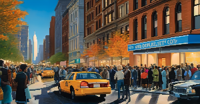 A busy New York City street with the City Council building in the background, diverse individuals gathered, some holding signs for community advocacy, surrounded by autumn leaves and bright city lights.