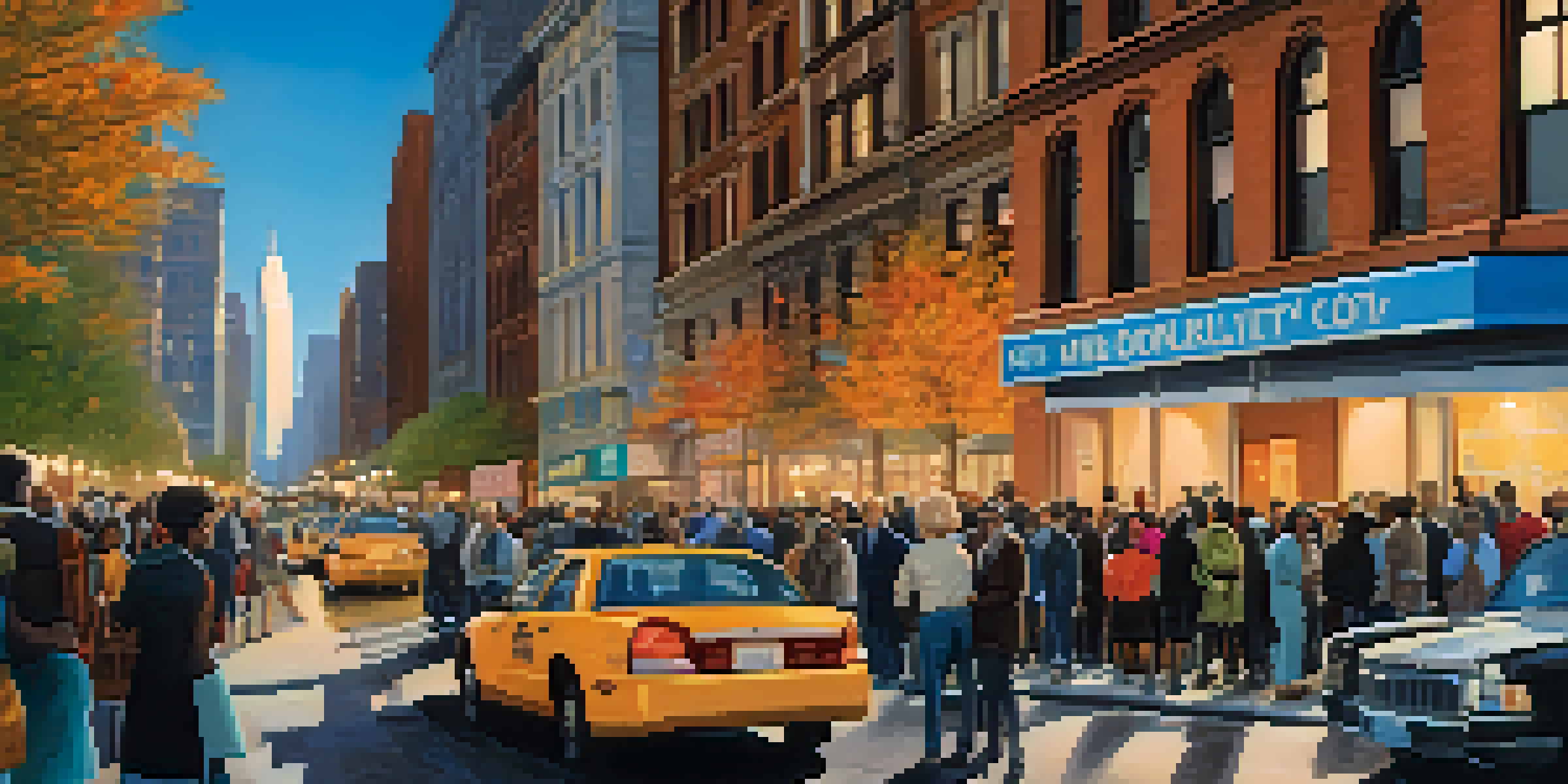A busy New York City street with the City Council building in the background, diverse individuals gathered, some holding signs for community advocacy, surrounded by autumn leaves and bright city lights.