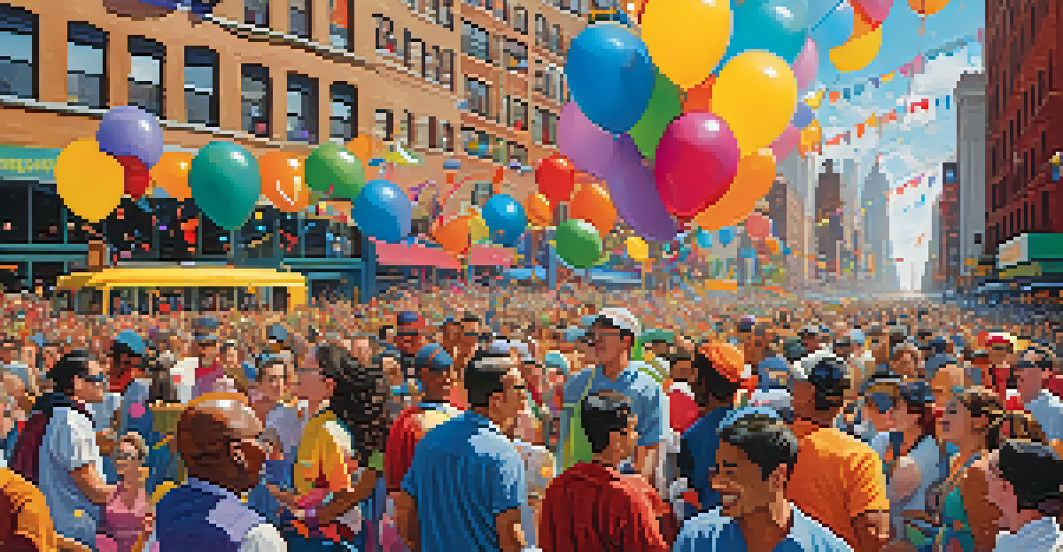 A lively parade in New York City, showcasing a diverse crowd and colorful floats.